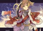  1girl :| aiguillette aiming aiming_at_viewer arm_at_side badge belt belt_buckle blonde_hair blue_background buckle closed_mouth commentary daiba_nana dual_wielding embers epaulettes expressionless fur-trimmed_jacket fur_trim glint green_eyes green_ribbon grey_jacket grey_skirt hair_between_eyes hair_ribbon holding holding_sword holding_weapon jacket jacket_on_shoulders katana letterboxed long_sleeves looking_at_viewer multicolored_jacket outline outside_border outstretched_arm red_jacket red_sash ribbon sash short_hair shoujo_kageki_revue_starlight shoulder_sash skirt solo star_(symbol) straight-on sword tassel twitter_username two-tone_jacket two_side_up umeito untranslatable_commentary upper_body waist_cape weapon white_jacket white_outline yellow_belt yellow_trim 