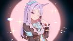  1girl animal_ears aqua_bow black_jacket blush bow bowtie chromatic_aberration coat commentary ear_bow ear_ribbon frilled_coat frilled_jacket frills hand_on_own_cheek hand_on_own_face highres horse_ears horse_girl jacket long_hair long_sleeves looking_at_viewer mejiro_mcqueen_(frontline_elegance)_(umamusume) mejiro_mcqueen_(umamusume) one_eye_closed purple_eyes purple_hair ribbon shirt solo sparkle spotlight striped_clothes striped_shirt umamusume xed_11z 