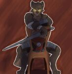 anthro armor belt canid canine canis chair chromawolf clothed clothed_anthro clothed_male clothing erof_(far_beyond_the_world) far_beyond_the_world_(series) furniture glowing glowing_eyes male male_anthro mammal melee_weapon simple_background sitting_backwards solo sword weapon wolf