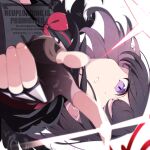  1girl black_gloves black_hair black_sailor_collar black_shirt blue_archive bow commentary_request fingerless_gloves furisuku_(gerbera) gloves halo highres looking_at_viewer mashiro_(blue_archive) parted_lips partial_commentary pointing pointing_at_viewer purple_eyes red_bow red_halo sailor_collar shirt short_hair solo 