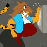 absurd_res anthro big_breasts big_butt bodily_fluids breasts brown_hair butt directional_arrow ears_up felid female fur gorgonwriting hair hi_res mammal muscular muscular_anthro muscular_female open_mouth pantherine saliva saliva_string solo tail teeth teeth_showing text tiger