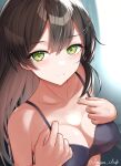  1girl black_bra black_hair bra breasts cleavage commentary_request dangan_kurabu green_eyes hands_on_own_chest highres kantai_collection long_hair looking_at_viewer medium_breasts oyashio_(kancolle) solo twitter_username underwear upper_body 