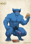 abs anthro balls beast_(marvel) big_balls big_penis blue_body blue_eyes blue_fur blush bodily_fluids book chest_tuft erection eyewear foreskin fur genital_fluids genitals glasses hi_res lovkuma male mammal marvel muscular muscular_arms muscular_male nipples nude pecs penis precum precum_string pubes trapezius tuft vein veiny_penis x-men