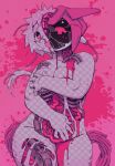  1girl absurdres android b1ttersweet-dreams bleeding blood breasts cable colored_blood commentary cowboy_shot crack english_commentary exposed_bone exposed_internal_machinery highres injury intestines open_mouth original pink_background pink_blood pink_eyes pink_hair pink_theme ribs short_hair solo split_head standing torn_skin 