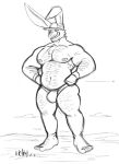 2023 5_toes anthro areola arm_hair belly_hair big_bulge body_hair bulge chest_hair clothing feet five_o'clock_shadow fluffy fluffy_chest group guide_lines hairy_armpits hairy_legs hairy_pecs hairy_thighs hat headgear headwear lagomorph larger_male leg_hair leporid macro male mammal monochrome muscular muscular_anthro muscular_legs muscular_male muscular_thighs nipples partially_clothed_anthro partially_clothed_male pecs rabbit richard_(dudenahuel) sizable_danger size_difference solo thong toes underwear