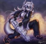absurd_res anthro big_breasts big_tail blue_eyes breasts clothed clothed_anthro clothed_female clothing crouching female fingerless_gloves footwear fully_clothed fully_clothed_anthro fully_clothed_female gatling_gun gloves gun hair handwear hi_res horn kneeling leggings legwear lizard long_hair long_tail machine_gun minigun non-mammal_breasts ranged_weapon reptile scalie shoes solo sugartc tail tail_gun thick_tail thick_thighs topwear weapon weapon_tail weiss_(bonjolasermaster) white_body white_hair white_tail