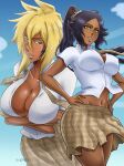  2girls absurdres arms_under_breasts black_hair bleach blonde_hair breasts brown_eyes cleavage colored_eyelashes commentary crop_top dark-skinned_female dark_skin english_commentary facial_mark green_eyes hands_on_own_hips high_ponytail highres impossible_clothes impossible_shirt ivizard large_breasts lips long_hair miniskirt multiple_girls navel necktie parted_lips pleated_skirt ponytail school_uniform shihouin_yoruichi shirt signature skirt smile tier_harribel undone_necktie unmoving_pattern 