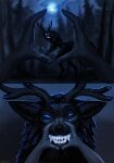 2026 ambiguous_gender american_mythology anthro antlers big_breasts bioluminescence black_body black_fur breasts casual_nudity cryptid darkness digital_media_(artwork) duo fangs female female_focus first_person_view forest fur glowing glowing_eyes glowing_teeth hi_res holding_snout horn human indigenous_north_american_mythology lenika long_tail mammal moon mythology nails night north_american_mythology omnid paws plant pointy_ears sharp_teeth sparkles squinted_eyes starshade stupid_sexy_cryptids tail teeth tree two_panel_image vitaly_s_alexius wendigo