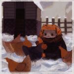 1:1 2023 absurd_res ambiguous_gender anthro avian bird black_eyes blush border brown_body brown_fur cat_smile chicken chicken_coop clothing coat day detailed_background domestic_cat english_text eyebrow_whiskers felid feline felis fence feral fur galliform handwear hat headgear headwear hi_res icon ktpiwo mammal mittens orange_clothing orange_hat orange_headwear outside phasianid scarf smile snow solo text topwear whiskers white_border