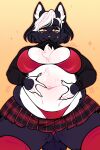 5_fingers anthro bangs belly belly_blush belly_grab big_belly big_breasts bikini black_body black_fur black_hair blush body_blush bottomwear breasts butt butt_from_the_front chest_tuft claws clothed clothing clothing_lift colored deep_navel digital_drawing_(artwork) digital_media_(artwork) domestic_cat eyelashes felid feline felis female fingers front_view fur hair hand_on_belly hi_res inner_ear_fluff legwear looking_at_viewer mammal miniskirt multicolored_body multicolored_fur multicolored_hair navel overweight overweight_anthro overweight_female pink_nose red_bikini red_clothing red_legwear red_stockings red_swimwear shaded shirt shirt_lift short_hair simple_background skirt solo stockings swimwear szaris thick_thighs topwear tuft two-piece_swimsuit two_tone_body two_tone_fur two_tone_hair white_body white_fur white_hair wide_hips yellow_eyes