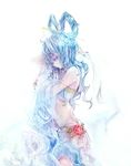  alternate_costume bad_id bad_pixiv_id blue_eyes blue_hair cis_(carcharias) earrings flower hair_ornament hair_rings hair_stick jewelry kaku_seiga midriff mouth_hold navel pointy_ears revision shawl simple_background solo touhou white_background 