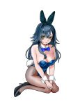  1girl animal_ear_hairband animal_ears black_shoes blue_bow blue_bowtie blue_eyes blue_leotard bow bowtie breasts cleavage commentary_request detached_collar fake_animal_ears gakuen_idolmaster green_eyes hairband hands_on_own_knees high_heels highres idolmaster inuinutuki leotard long_hair medium_breasts pantyhose playboy_bunny rabbit_ears rabbit_tail shoes simple_background solo strapless strapless_leotard tail tsukimura_temari white_background wrist_cuffs 