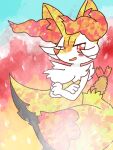 2022 3:4 ambiguous_anthro ambiguous_gender annyui0611 anthro biped blush blush_stickers braixen canid crossed_arms digital_drawing_(artwork) digital_media_(artwork) dipstick_tail food generation_6_pokemon japanese_description leaning leaning_backward looking_at_viewer mammal markings nintendo object_in_tail open_mouth pokemon pokemon_(species) portrait shrimp_(food) side_view solo standing tail tail_markings textured three-quarter_portrait translated_description wind