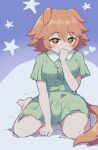  1girl absurdres alternate_costume animal_ears breasts clenched_hands commentary_request covering_own_mouth ears_down flipped_hair green_nightgown hair_between_eyes heart highres horse_ears horse_girl horse_tail kneeling looking_at_viewer matikanefukukitaru_(umamusume) medium_breasts nightgown on_bed short_hair simoyuki simple_background solo star_(symbol) star_symbol_background tail umamusume yellow_eyes 