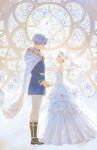  1boy 1girl absurdres black_boots black_shoes blue_eyes blue_hair boots bridal_veil cape cavehuuu chinese_commentary church commentary_request dress earrings elf floating_earrings floating_hair frieren frilled_dress frills green_eyes head_wreath height_difference hetero highres himmel_(sousou_no_frieren) holding_hands husband_and_wife indoors jewelry knee_boots long_hair long_sleeves pants parted_bangs pointy_ears ponytail profile ring see-through_clothes see-through_sleeves shoes sidelocks smile sousou_no_frieren stained_glass thick_eyebrows veil wedding wedding_dress wedding_ring white_cape white_dress white_hair white_pants wide_sleeves 