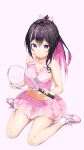  1girl alternate_costume alternate_hairstyle azki_(hololive) black_hair blush bow breasts closed_mouth collarbone colored_inner_hair commentary cropped_shirt double-parted_bangs english_commentary from_above full_body hair_bow highres holding holding_tennis_racket hololive kinako_mocchi_mochi long_hair looking_at_viewer medium_breasts midriff miniskirt multicolored_hair navel pink_background pink_bow pink_hair pink_shirt pink_shoes pink_skirt pink_streaks pleated_skirt ponytail purple_eyes racket shirt shoes simple_background sitting skirt sleeveless sleeveless_shirt smile sneakers socks solo sportswear streaked_hair striped_sweatband sweatband tennis_racket tennis_uniform virtual_youtuber wariza white_hair white_socks white_streaks 