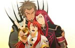  3boys asch beard blue_eyes blush coat elbow_gloves eyes_closed facial_hair fingerless_gloves gloves long_hair luke_fon_fabre male male_focus multiple_boys red_hair tales_of_(series) tales_of_the_abyss van_grants wink 