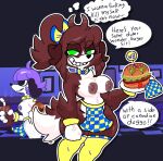 annoyed anthro apron apron_only areola big_breasts black_eyes black_nose bow_tie breasts brown_areola brown_body brown_fur brown_hair brown_nipples burger canid canine canis clothing collar cross-popping_vein dialogue domestic_dog duo english_text eyelashes female fist floppy_ears food fur green_eyes hair hi_res holding_burger holding_food holding_object legwear looking_at_viewer lop_ears mammal mostly_nude mschaox6 navel nipples ponytail purple_areola purple_hair purple_nipples speech_bubble spiked_collar spikes talking_to_viewer text thick_thighs thigh_highs thought_bubble white_body white_fur wide_hips yellow_clothing yellow_legwear yellow_thigh_highs