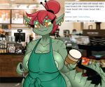 absurd_res anthro apron apron_only areola areola_slip beverage big_breasts blush breasts clothing coffee crocodile crocodilian daisy_(tibbs) english_text female green_body hair hi_res i_mean_breast_milk meme nipple_slip nipples orange_eyes red_hair reptile scalie solo tail text tibbs