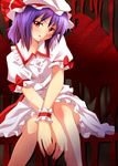  :q ayase_midori blush bow hat hat_ribbon licking_lips purple_hair red_eyes remilia_scarlet ribbon short_hair sitting skirt skirt_set solo tongue tongue_out touhou wrist_cuffs 