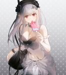  1girl absurdres alternate_costume arknights artist_name bag bikini black_bikini black_hair black_hat black_horns breasts cleavage commentary cowboy_shot daykii_777 food frilled_bikini frills gradient_background grey_background grey_hair hair_ornament hat highres holding holding_food holding_ice_cream horns ice_cream infection_monitor_(arknights) jewelry licking long_hair looking_at_viewer material_growth medium_breasts mudrock_(arknights) navel necklace oripathy_lesion_(arknights) pointy_ears red_eyes shoulder_bag solo standing swimsuit tongue tongue_out twitter_username watermark 