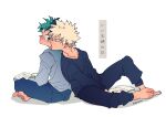  2boys aqua_eyes aqua_hair back-to-back bakugou_katsuki barefoot between_legs blue_pants blue_shirt blush boku_no_hero_academia book bright_pupils closed_mouth commentary_request couple crew_neck film_grain freckles from_side full_body grey_shirt hand_between_own_legs head_on_another's_shoulder head_rest highres ii_fuufu_no_hi invisible_floor knee_up knees_apart_feet_together leaning_back leaning_on_person long_sleeves looking_at_another looking_back male_focus midoriya_izuku multiple_boys nikaidou_iroha nose_blush open_book pants partial_commentary pout profile reclining red_eyes shadow shirt short_hair sideways_glance simple_background sitting spiked_hair t-shirt translation_request turning_head twitter_username v_arms white_background white_pupils yaoi 