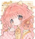  ._. 1girl 1other :3 animal blush bonnibelle_amai bonnibelle_amai_(bonni_2.0) braid brown_eyes butter cardigan chest_bow commentary english_commentary english_text finger_to_mouth food frills gingham_background gingham_clothes gradient_hair heart indie_virtual_youtuber long_hair low_twin_braids mooosikasite multicolored_hair orange_hair patterned patterned_background patterned_clothing shushing sleeves_past_wrists solid_oval_eyes stingray stingray_girl syrup_(bonnibelle_amai) twin_braids unmoving_pattern virtual_youtuber yellow_background 