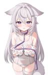 1girl absurdres animal_collar animal_ear_fluff animal_ears animal_hands bare_shoulders belt_collar blush breasts collar collarbone commentary covered_navel cowboy_shot gloves grey_hair hair_between_eyes hair_ornament hairclip highres hiyayo25 leash long_hair looking_at_viewer old_school_swimsuit one-piece_swimsuit original parted_lips paw_gloves purple_collar purple_eyes school_swimsuit simple_background small_breasts solo standing swimsuit tail tearing_up tears thighhighs untranslatable_commentary white_background white_hair white_one-piece_swimsuit white_thighhighs 