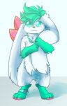 2019 3_fingers 3_toes absurd_res ambiguous_gender anthro brown_nose chest_tuft collar eyewear feet fingers flower fur generation_4_pokemon goggles goggles_around_neck green_body green_eyes green_fur hair hi_res legendary_pokemon long_ears looking_at_viewer murzikteijiro nintendo pawpads paws plant pokemon pokemon_(species) shaymin simple_background sky_forme_shaymin solo teal_hair toes tuft white_background white_body white_fur