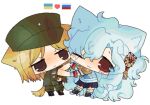  2girls :< :3 absurdres alpha_(alpha_1918) animal_ears black_skirt blonde_hair blush boots brown_hair brown_sports_bra cat_ears chibi coat double-headed_eagle epaulettes fluffy_hair gloves goodbyeworld404 green_jacket green_pants hair_ornament highres holding_hands jacket jacket_on_shoulders long_hair marichka mazepynka miniskirt multiple_girls one_eye_closed original pants red_eyes russian_flag russo-ukrainian_war shoes skirt smile soldier sports_bra tail tryzub ukrainian_flag ukrainian_ground_forces very_long_hair white_background white_coat white_gloves white_hair yuri 