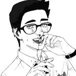  1boy arm_up blood blood_on_clothes blood_on_hand breast_pocket collared_shirt commentary_request crack cracked_glass dead_by_daylight dwight_fairfield endless_(1482999) glasses greyscale injury male_focus monochrome necktie nosebleed object_in_pocket open_mouth pen_in_pocket pocket shirt short_hair short_sideburns sideburns simple_background smile tears watch white_background wing_collar wristwatch 