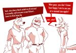 2023 absurd_res anthro belt bottomwear canid canine canis clothed clothed_anthro clothed_male clothing collared_shirt denim denim_bottomwear denim_clothing dialogue domestic_pig dress_shirt dudenahuel english_text eye_scar facial_scar fully_clothed fully_clothed_anthro fully_clothed_male group hi_res iberian_wolf jeans male mammal maned_wolf nahuel_(dudenahuel) overweight overweight_anthro overweight_male pants roy_(dudenahuel) samuel_(dudenahuel) scar sharp_teeth shirt speech_box suid suine sus_(pig) t-shirt teeth text topwear trio underbite wolf yorkshire_pig