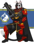 9live anthro ar-23_liberator armor belt belt_pouch boots cape carapace clothing domestic_cat felid feline felis footwear fur gesture gloves greaves gun hand_gesture handwear helldiver helldivers kyu_(9live) male mammal multicolored_body multicolored_fur o-44_bondedpilot pauldron ranged_weapon red_armor red_eyes red_halo shoes simple_background skull_symbol smile smiling_at_viewer solo thumbs_up undersuit weapon