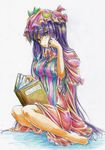 bare_legs barefoot book bow colored_pencil_(medium) flower hair_bow hair_flower hair_ornament hat highres kitazinger long_hair patchouli_knowledge purple_eyes reading solo toe_scrunch touhou traditional_media very_long_hair yellow_eyes 