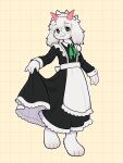 3:4 4_toes anthro apron barefoot black_clothing black_dress bovid caprine checkered checkered_background clothed clothing crossdressing deltarune dress eyewear fangs feet floppy_ears fluffy_ears full-length_portrait fur glasses goat green_eyewear green_glasses hi_res holding_clothing holding_dress holding_object horn lop_ears maid_headdress maid_uniform male mammal pattern_background paws pink_horn portrait ralsei simple_background solo teeth toes undertale_(series) uniform white_apron white_body white_clothing white_fur yukiyuno1760617