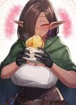  1girl ataririri belt black_gloves blush breasts brown_hair cape cleavage closed_eyes collar colored_inner_hair commentary_request dark-skinned_female dark_skin eating elf elynea_(ataririri) english_commentary food food_in_mouth gloves green_cape hair_over_one_eye happy_aura heart highres holding holding_food huge_breasts multicolored_hair musical_note original pointy_ears potion purple_hair red_collar shirt short_hair solo taiyaki two-tone_hair wagashi white_shirt 