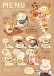  affogato animal-themed_food apron blue_apron blush_stickers brown_background chibikemo coffee coffee_pot commentary cup drinking_glass english_commentary english_text espresso_(drink) food food_focus fruit highres holding holding_coffee_pot matcha_(food) nao_(bestrollever) original parfait parfait_glass rabbit saucer shirt simple_background spoon strawberry strawberry_slice syrup_dispenser teacup wafer wafer_stick white_shirt 