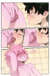  1boy 1girl absurdres armpit_crease armpits ashido_mina biting_own_lip blush boku_no_hero_academia breasts closed_eyes closed_mouth colored_pussy colored_sclera colored_skin commentary completely_nude english_commentary english_text female_pubic_hair freckles greatm8 green_eyes green_hair hetero highres horns licking midoriya_izuku nude one_eye_closed oral pink_hair pink_skin presenting_own_armpit pubic_hair smile sweat sweatdrop teeth yellow_eyes 