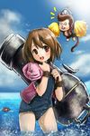  1girl :d brown_eyes brown_hair cannon cannoneer hat highres hirasawa_yui jacket k-on! maplestory monkey one-piece_swimsuit open_mouth pirate_hat propeller robert_knight round_teeth school_swimsuit short_hair smile swimsuit teeth wading water 
