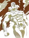  1boy abs battle_tendency bracelet bulge commentary_request cowboy_shot earrings face_piercing from_below hat highres hoop_earrings jewelry jojo_no_kimyou_na_bouken knife limited_palette lip_piercing lip_ring loincloth male_focus muscular muscular_male pectorals piercing solo touyama_maki wamuu 