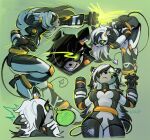absurd_res android anthro arm_cannon breasts featureless_breasts female gatling_gun golden_markings green_eyes grin gun gun_arm hi_res high_heeled_feet lacandyf looking_at_viewer low-angle_view machine machine_gun medium_breasts minigun nude nude_anthro nude_female one_eye_obstructed pointy_ears ranged_weapon robot shooting_gun signature simple_background smile solo spade_tail tail thetis_(bonjolasermaster) thin_tail thought_bubble weapon weapon_arm