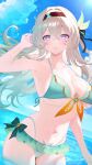  1girl alternate_costume armpits bikini blue_sky breasts brown_hairband commentary_request day firefly_(honkai:_star_rail) floating_hair green_bikini grey_hair hairband highres honkai:_star_rail honkai_(series) large_breasts ocean sky solo swimsuit wading yuyu25_215 