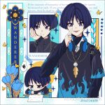  1boy absurdres ayacchirin black_sweater blue_hair blunt_ends chibi closed_mouth feathers genshin_impact headphones headphones_around_neck highres jewelry long_sleeves male_focus multicolored_sweater multiple_views necklace purple_eyes scaramouche_(genshin_impact) short_hair smile sweater tongue tongue_out wanderer_(genshin_impact) 