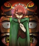  1boy 2girls akabane_ruka cape closed_mouth commentary_request finger_to_mouth green_cape hair_ornament hair_over_one_eye highres looking_at_viewer meili_portroute multiple_girls natsuki_subaru official_alternate_costume patrasche_(re:zero) pink_hair ram_(re:zero) re:zero_kara_hajimeru_isekai_seikatsu red_eyes short_hair solo x_hair_ornament 