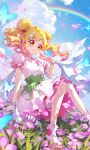  1girl aikatsu! aikatsu!_(series) blonde_hair blue_butterfly blue_sky bracelet bug butterfly choker closed_mouth commission day double_bun dress falling_petals flower frilled_sleeves frills gradient_hair grass hair_bun hair_flower hair_ornament highres hoshimiya_ichigo jewelry medium_hair mihuashi_commission multicolored_hair nail_polish on_ground outdoors petals pink_dress pink_flower pink_nails pink_petals puffy_short_sleeves puffy_sleeves rainbow red_eyes sandals shibaziliangliang short_sleeves sky smile solo toenail_polish toenails too_many_watermarks watermark white_choker 
