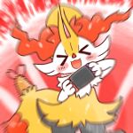 >o< 1:1 2022 ambiguous_anthro ambiguous_gender annyui0611 anthro biped blurred_background blush blush_stickers braixen canid digital_drawing_(artwork) digital_media_(artwork) dipstick_tail food front_view gaming generation_6_pokemon hi_res japanese_description mammal markings nintendo nintendo_switch object_in_tail open_:3 open_mouth open_smile playing_video_game pokemon pokemon_(species) portrait shrimp_(food) smile solo standing tail tail_markings three-quarter_portrait translated_description
