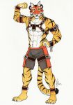 2019 abs anthro barefoot black_harness blue_eyes bulge claws clothed clothing dated feet felid flexing flexing_bicep front_view full-length_portrait fur grey_claws hand_on_hip harness hi_res hufnaar looking_at_viewer male male_anthro mammal markings mask muscular muscular_anthro muscular_male navel orange_harness pantherine pecs portrait simple_background simple_eyes solo standing striped_arms striped_legs striped_markings striped_tail stripes tail tail_markings tiger topless traditional_media_(artwork) wearing_mask white_background white_body white_fur yellow_body yellow_fur