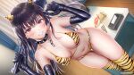  1girl bikini black_gloves black_hair blonde_hair breasts club_(weapon) collar commentary_request copyright_notice dutch_angle elbow_gloves gloves grin highres holding holding_club holding_weapon horns kanabou latex latex_gloves long_hair medium_breasts momojiri_serika navel official_art print_thighhighs red_eyes seifuku_kanojo seifuku_kanojo_3 smile solo spiked_collar spikes swimsuit thighhighs tiger_print_bikini tiger_print_thighhighs weapon yellow_bikini yellow_horns 