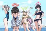 5girls animal_ear_fluff animal_ears aqua_halo arm_up armpits arms_up ass ayane_(blue_archive) ayane_(swimsuit)_(blue_archive) bare_arms bare_shoulders bikini bikini_skirt black_bikini black_one-piece_swimsuit blue_archive blue_sky breasts cat_ears cleavage cloud collarbone commentary_request competition_swimsuit covered_navel cross_hair_ornament denim denim_shorts extra_ears feet_out_of_frame food food_in_mouth foreclosure_task_force_(blue_archive) frilled_bikini frills from_side front-tie_top glomp green_halo grey_hair groin hair_ornament halo hand_on_own_hip hands_on_own_knees hat heterochromia highleg highleg_one-piece_swimsuit highres hizikit holding holding_food holding_popsicle hoshino_(blue_archive) hoshino_(swimsuit)_(blue_archive) hug large_breasts leaning_forward lens_flare long_hair looking_at_viewer low_twintails medium_breasts multiple_girls navel nonomi_(blue_archive) nonomi_(swimsuit)_(blue_archive) ocean off-shoulder_bikini off_shoulder official_alternate_costume one-piece_swimsuit open_mouth pink_halo ponytail popsicle popsicle_in_mouth red-framed_eyewear red_halo serika_(blue_archive) serika_(swimsuit)_(blue_archive) shiroko_(blue_archive) shiroko_(swimsuit)_(blue_archive) short_hair shorts side-tie_bikini_bottom sideboob sky small_breasts stomach striped_bikini striped_clothes sun_hat swimsuit swimsuit_cover-up twintails tying_hair underboob waving white_bikini white_hat wolf_ears yellow_bikini 
