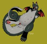 2026 2_horns 4_toes 6_nipples animal_genitalia animal_penis artist_name balls belly big_belly big_tail birdpaw_(artist) black_claws black_collar black_markings black_nose black_tail_tuft black_wings calf_tuft canid canine canine_genitalia canine_penis canis chest_markings claws collar countershading dipstick_horn dragon dragon_wings feet feral full-length_portrait fur furred_dragon furred_scalie genitals gloves_(marking) green_body green_fur green_horn green_tail grey_balls grey_body grey_countershading grey_fur grey_horn grey_sheath grey_tail grey_tail_tuft handpaw hi_res hindpaw horn hybrid leg_markings leg_tuft licking licking_lips licking_own_lips male male_feral mammal markings membrane_(anatomy) membranous_wings multi_nipple multicolored_horn mythological_creature mythological_scalie mythology nipples orange_sclera overweight overweight_feral overweight_male pawpads paws penis penis_tip portrait red_eyes red_inner_ear red_membrane red_pawpads red_penis red_tongue scalie semi-anthro sheath simple_background socks_(marking) solo tail tail_tuft text toe_claws toes tongue tongue_out tuft white_text wings wolf yellow_background